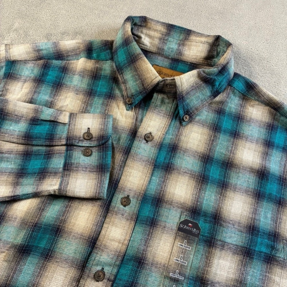 NWT St Johns Bay Heritage Mens Large Teal Tan Plaid Flannel Shirt Long Sleeve